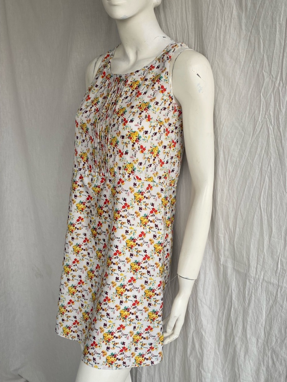 Floral Rayon Shift Dress Pleated Front Sleeveless Cottagecore